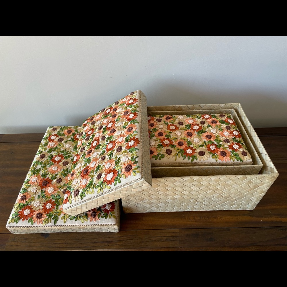 3 silk embroidered nesting boxes with sunflowers on the lids
